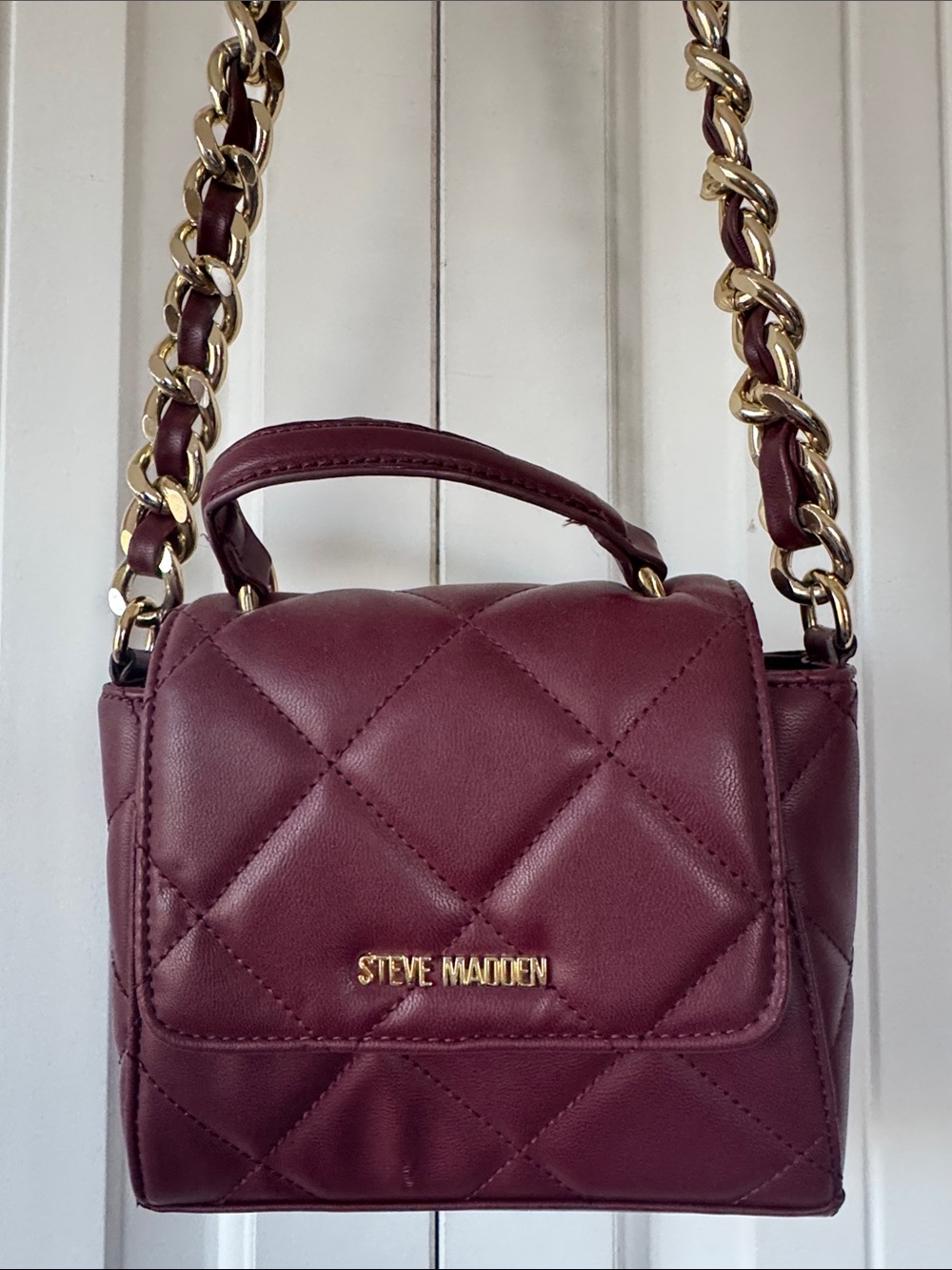 Steve Madden Quilted Burgundy Leather Mini Crossbody with Gold Chain